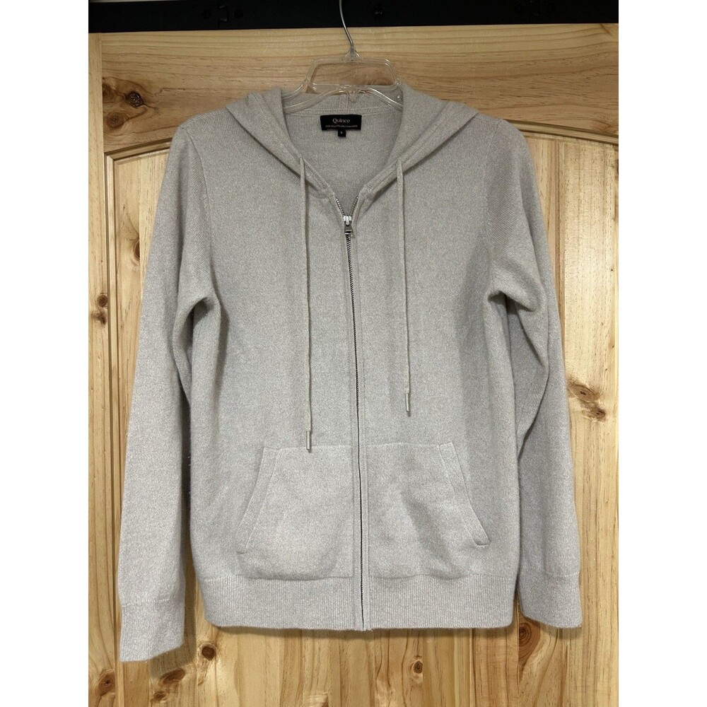 Quince Mongolian Cashmere Full Zip Hooded Sweater Beige Small Pockets Minimalist